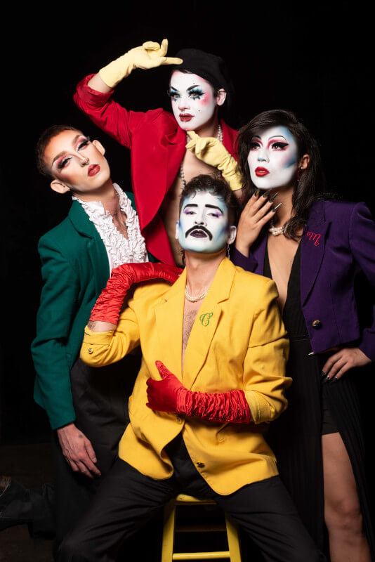 The Darlings posed in bright, multicolored clothes. Top: Rose; Right: Maiden, Bottom: Conti; Left: PM.