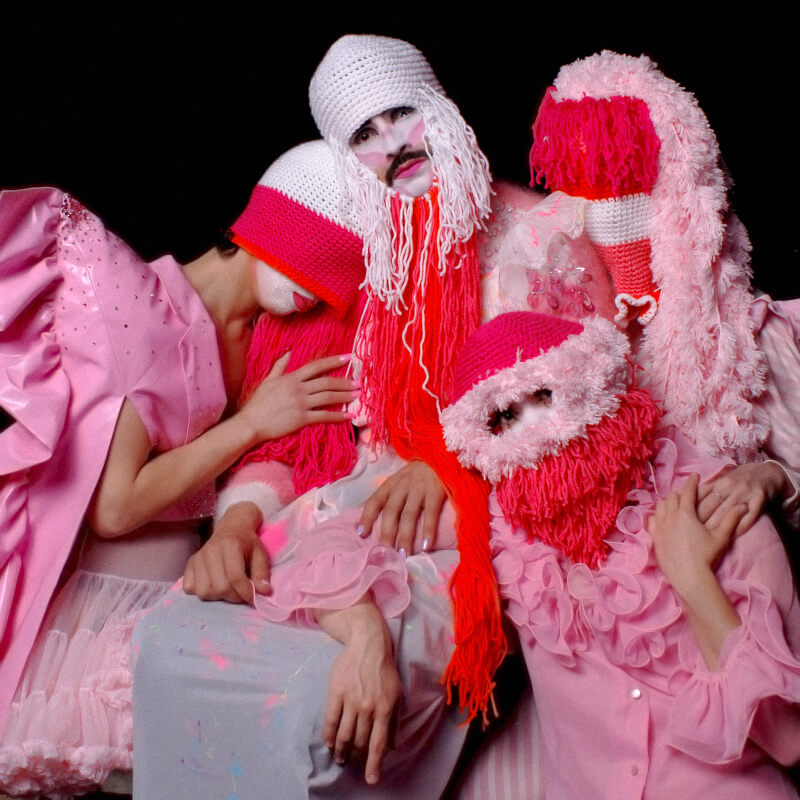 The darlings wearing pink-and-white knit face coverings. Top: Conti; Right: PM; Bottom: Rose; Left: Maiden.